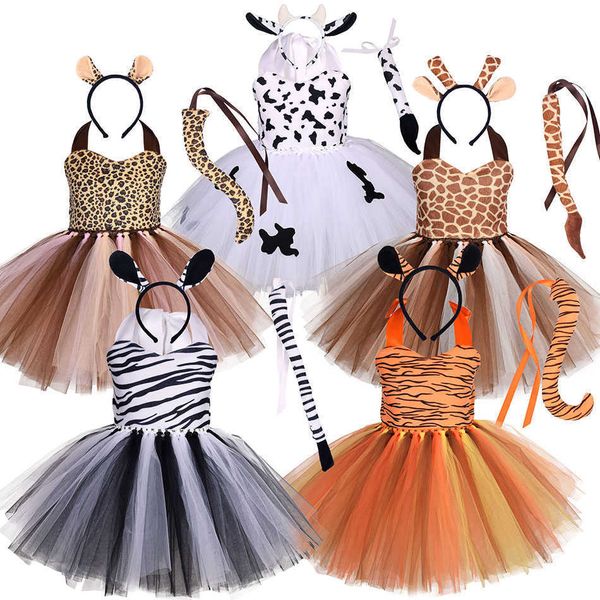 

girl's dresses halloween animal cosplay costume for children forest theme cows tiger giraffe leopard zebra tutu dresses performance dan, Red;yellow