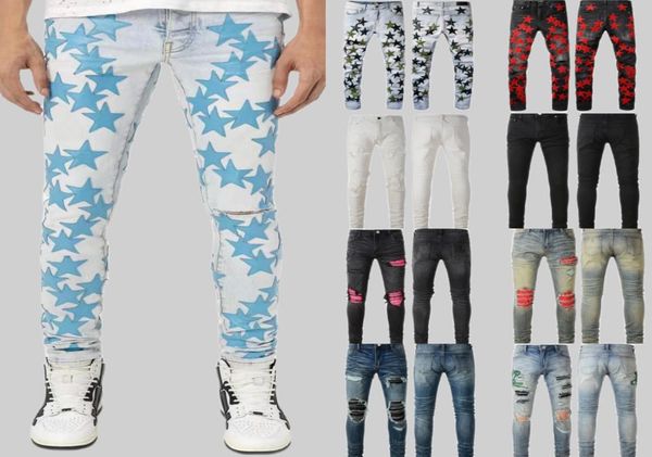 

mens designer jeans slim patchwork paige jeans denim stars pattern design pants letters torn tattered knee ripped for man skinny s7754520, Blue