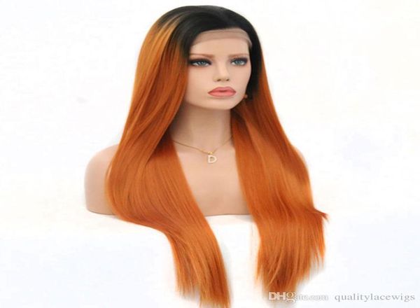 

2018 new long straight synthetic lace front wigs dark roots ombre orange red color heat resistant fiber hair wigs for women1147152, Black