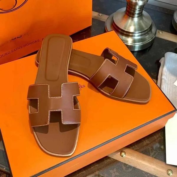 

designer women slippers beach leather mules ladies sandals summer luxury fashion flat h letter female drag nude black white brown woman&#039