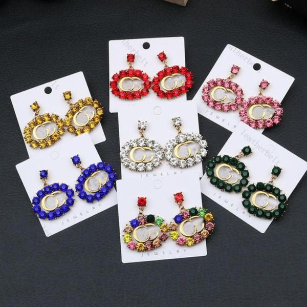 

color diamond stud charm chic ellipse earrings classic double letter ear studs women party jewelry with box91060529088098, Golden