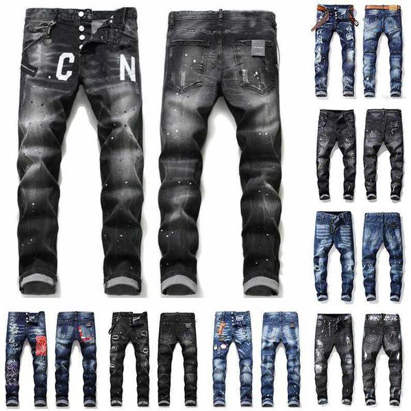 

mens cool rips stretch designer jeans distressed ripped biker slim fit washed motorcycle denim men s hip hop fashion man pants 2021, Blue