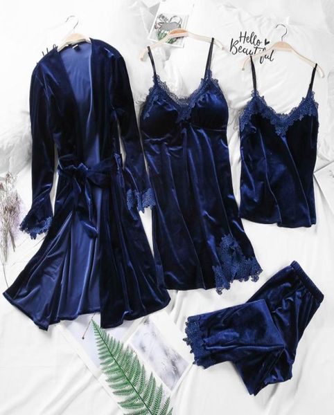 

2018 new autumn and winter gold velvet pajamas suit women039s harness nightdress nightgown fourpiece velvet home service4567632, Black;red