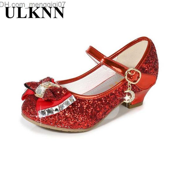 

sneakers ulknn children's leather shoes girls' flower casual flash children's high heels 2023 girls' shoes bow blue pink, Black;red