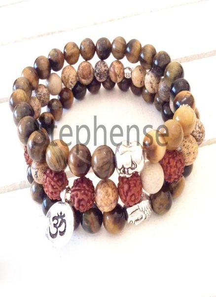 

mg0667 natural rudraksha beads ohm bracelet natural 8 mm tiger eye buddha yoga mala bracelet lotus charm yoga bracelet3944646, Black