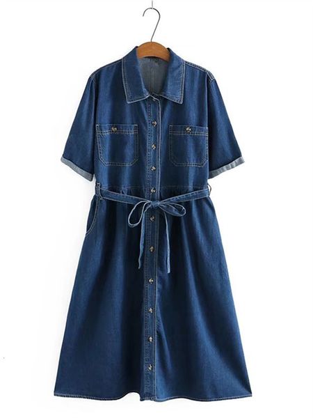 

plus size dresses size women's clothing summer denim dress lapel short sleeves with belted large thin soften cardigan 230711, Black