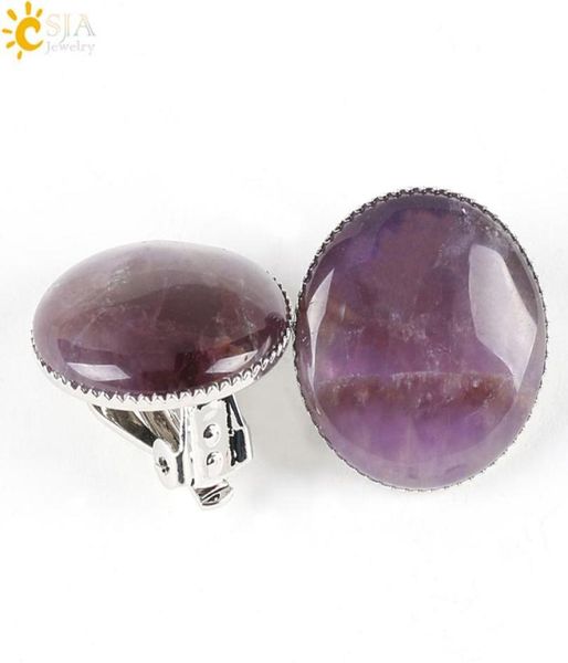 

csja classic whole women girl pink crystal summer jewelry round natural stone bead no piercing pierced hole ears clip on earri5603802, Silver