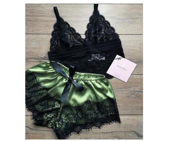 

v neck solid sleepwear summer women pajamas silk pijamas sleepwear lace short pants lingerie hollowed underwear maternity cloth gg1707836, White
