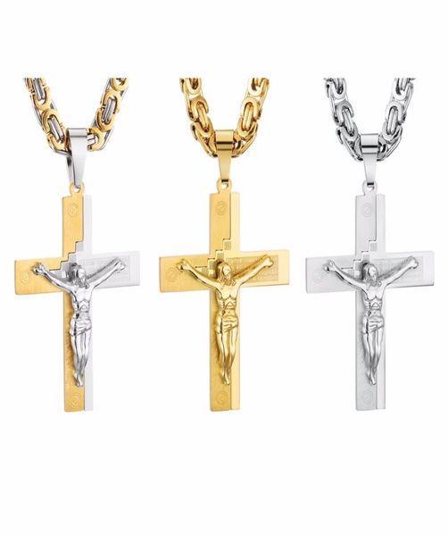 

crucifix jesus pendant necklace gold color stainless steel christs bible cross men jewelry byzantine chain gift for father6108993, Silver