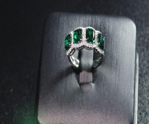 

5x6mm elongate synthetic emerald 14k white gold engagement ring with melee moissanite stones paved around8056014, Silver