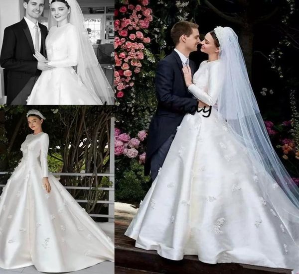 

miranda kerr wedding gown with long sleeve 2022 modest jewel muslim middle east 3d floral matte stain princess church royal weddin7014380, White