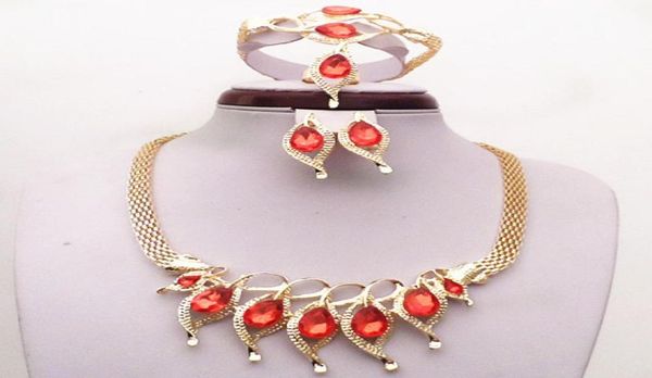 

fashion 18k yellow gold filled red sapphire garnet necklace earrings bracelet ring women costume jewelry sets wedding accessories 1558986, Slivery;golden