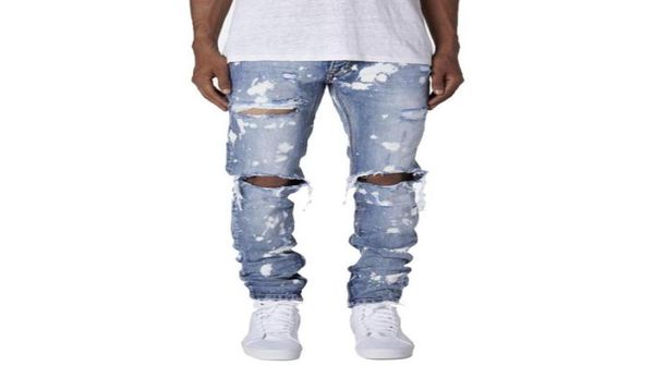 

men ripped skinny jeans distressed destroyed slim fit stretch biker washed pants with holes full length jeans1583866, Blue