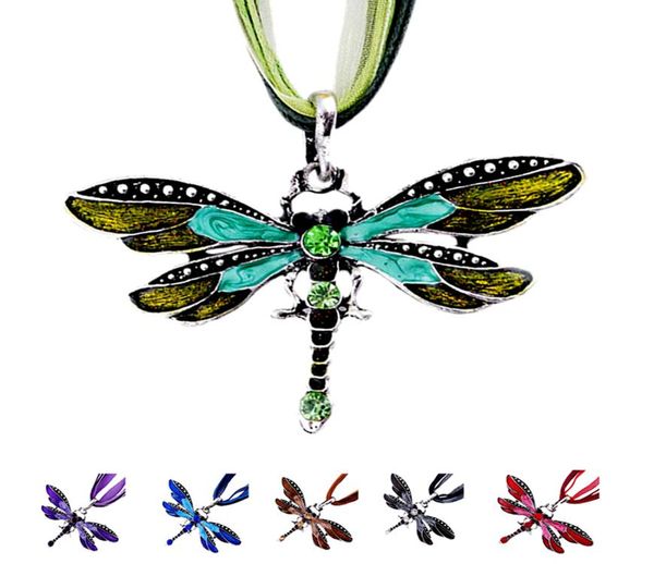 

vintage enamel dragonfly pendant necklace for women choker necklaces with rhinestone wax rope chain collar fashion jewelry3947820, Silver