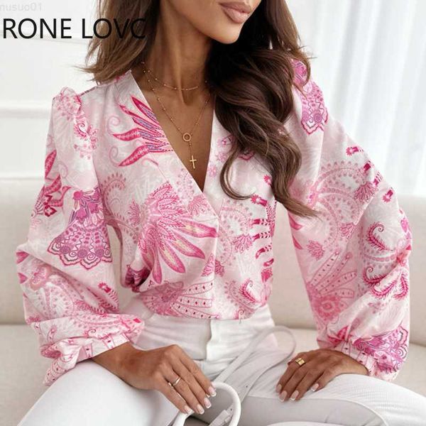 

women's blouses shirts women chic all over print deep v neck long lantern sleeves casual working blouses l230712, White
