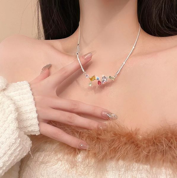 

afshor fashion colourful crystal water pendant necklace for women girls pendant clavicle chain necklaces trendy new trendy 2023 party, Silver