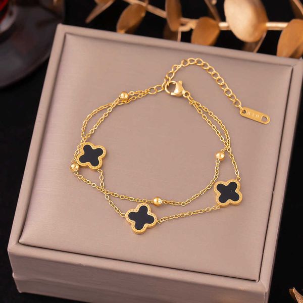 

wenjian celebrity wind four-leaf grass female double-layer chain bracelet 18k rose gold korean version sweet student temperament network, Golden;silver