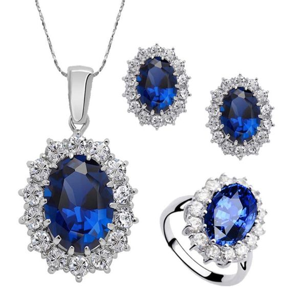 

earrings necklace blue crystal stone brides earring ring for women african jewelry sets fashion wedding4457227, Silver