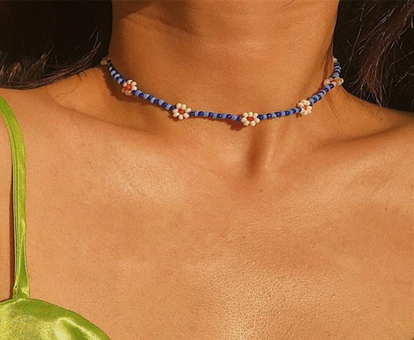 

bohemian mix color seed bead flower choker necklace short collar clavicle chain necklace for women statement jewelry6973886, Silver