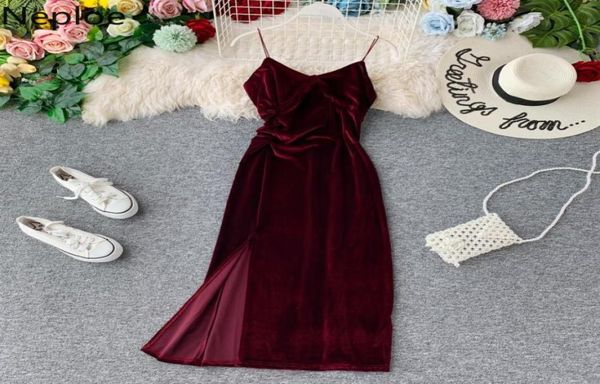 

neploe autumn winter women dresses retro velet spaghetti strap sweet camis split vestido vneck sleeveless vintage elastic robe4263917, Black;gray