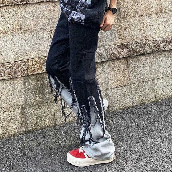 

mens jeans american style street washed and worn-out torn jeans, men's summer and autumn straight tube loose high street spring and sum, Blue