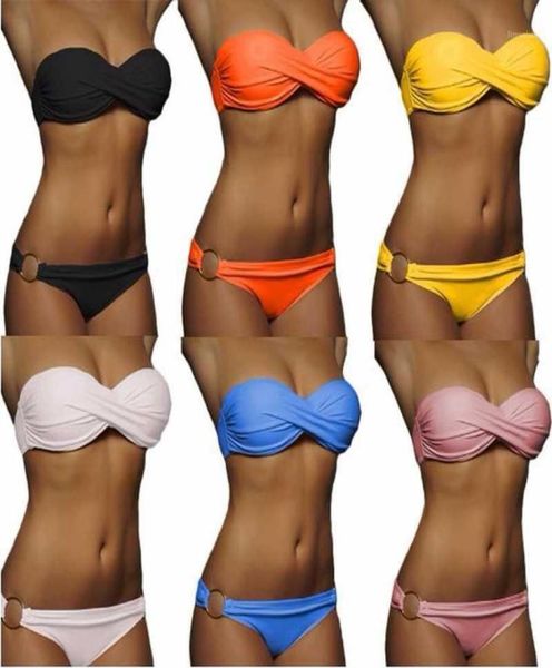 

2020 biquini metal ring design push up bandeau bikini set strapless swimwear padded beach bathing suit women solid swimsuit13543208, White;black