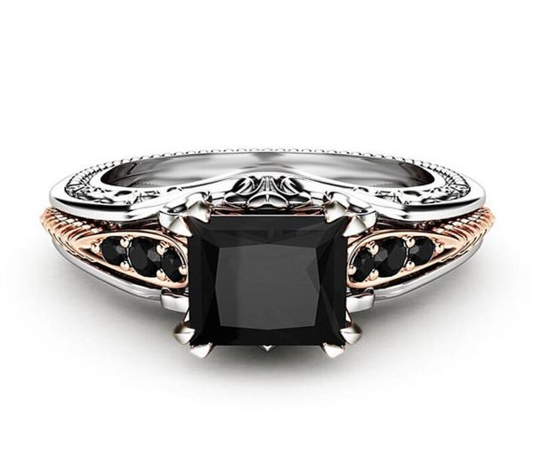 

carve flower black diamond ring band finger square stone wedding engagement rings for women fashion jewelry venlentine gift will a1436166, Golden;silver
