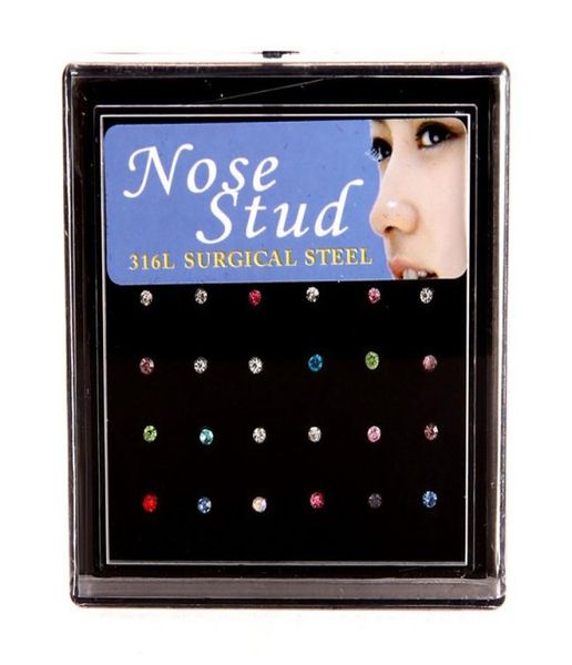 

24pcs crystal nose ring studs fashion body women girl jewelry stainless surgical steel nose piercing colorful rhinestone2409517, Silver