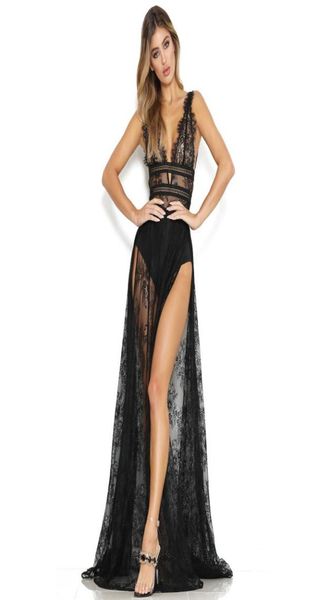 

women sleeveless vneck hollow out lace dress long evening dress black high split floral see through floorlength maxi party 8762160, White;black