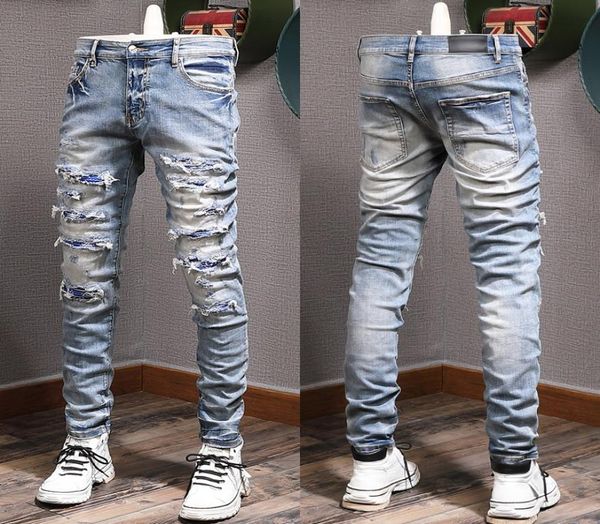 

color rip jeans man biker jeans slim fitness fade washed denim pants1583943, Blue