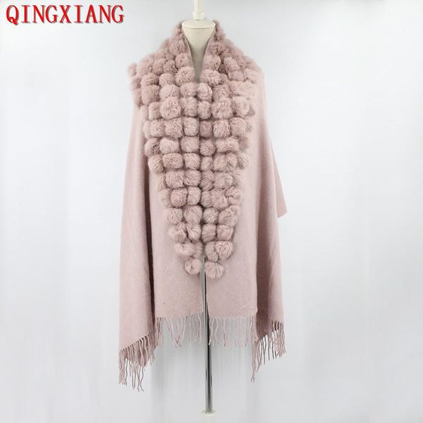 

parkas new fashion triangle real rabbit fur ball shawl winter women cashmere tassel cape winter cloak lady mother gift casaco feminino, Black