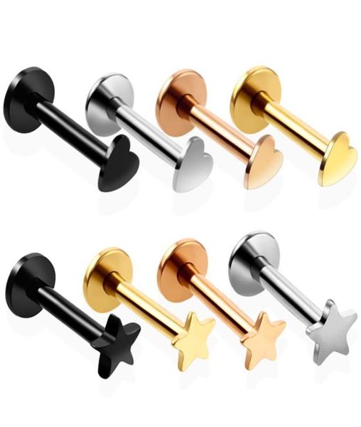 

4pcs steel heart star labret lip stud rings assorted colors 16g ear cartilage tragus helix barbell earrings fashion jewelry2958107, Slivery;golden