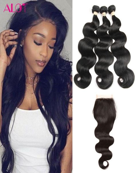 

brazilian virgin human hair weave bundles with closure brazillian peruvian indian malaysian body wave 3 bundles with closure exten4273511, Black
