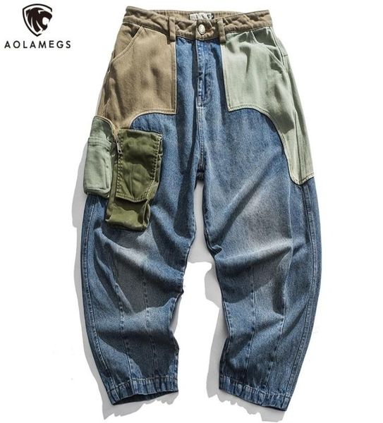 

aolamegs jeans men patchwork multipocket denim pants beggar style japanese retro jeans autumn high street casual men streetwear 25805191, Blue