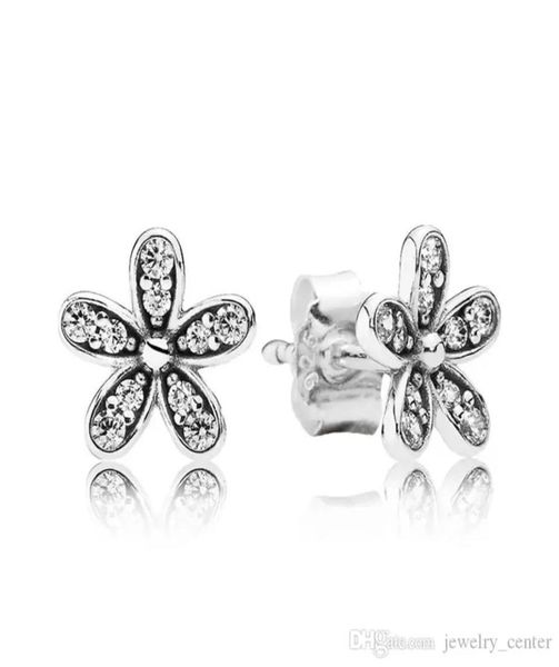 

genuine clear cz diamond daisy stud earrings original box for 925 sterling silver small flower women girls earring set9404575, Golden;silver
