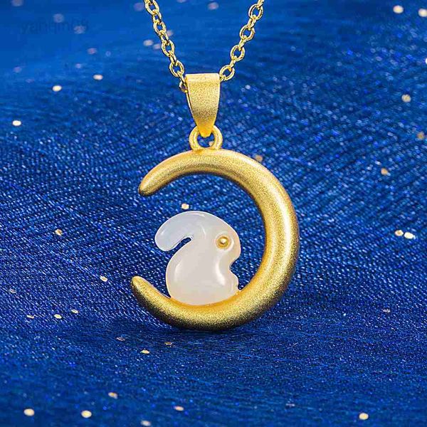 

pendant necklaces moon imitation hetian jade rabbit pendant necklace female light luxury sandblasting design rabbit pendant clavicle chain h, Silver