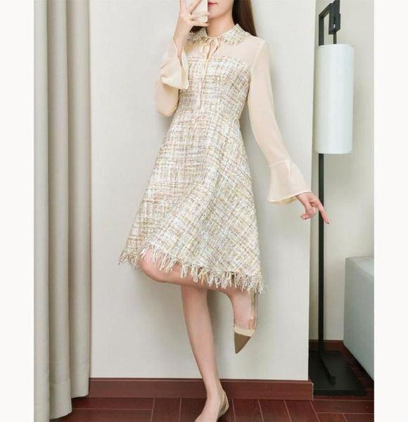 

spring women mesh patchwork tweed dress flare sleeve plaid ruffles wool blends dress high waist a line tassel2237421, Black;gray