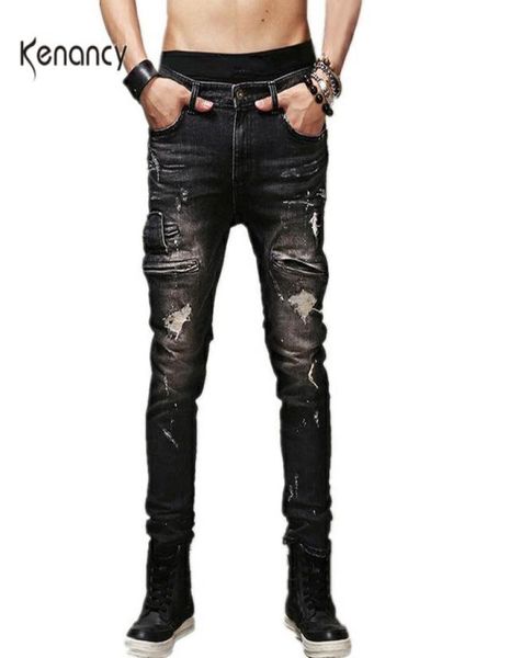 

hemiks mens ripped jeans cotton black slim fit motorcycle jeans men vintage distressed denim pants fashion streetwear9912417, Blue