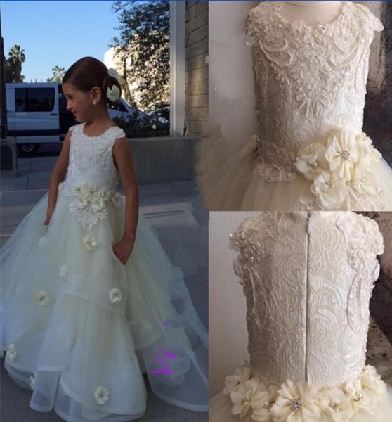 

cute white ivory lace beading organza flowers girls dresses 2015 floor lengthe handmade flowers sashes girls party dresses custom 8407796, White;red