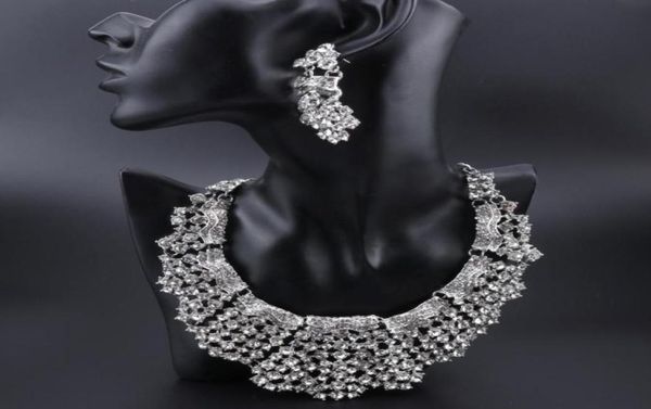 

fashion crystal statement necklace earrings sets silver plated wedding costume jewelry sets for brides women039s gifts34359022225637