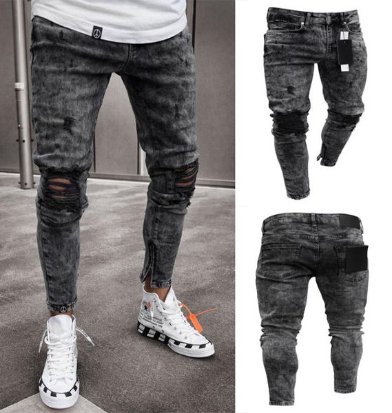 

2019 men039s skinny jeans ripped hole denim pants slim feet jeans stretch pants hip hop street trousers1317645, Blue