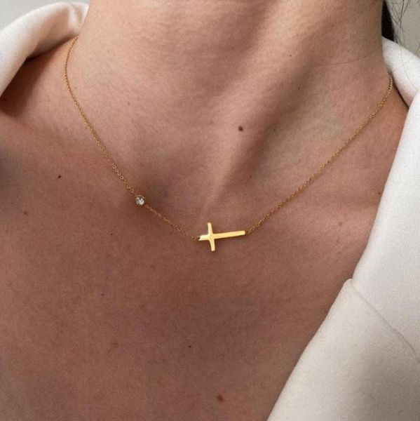 

pendant necklaces delicate petite sideway cross women stainless steel thin chain link christian jewelrypendant8801038, Silver