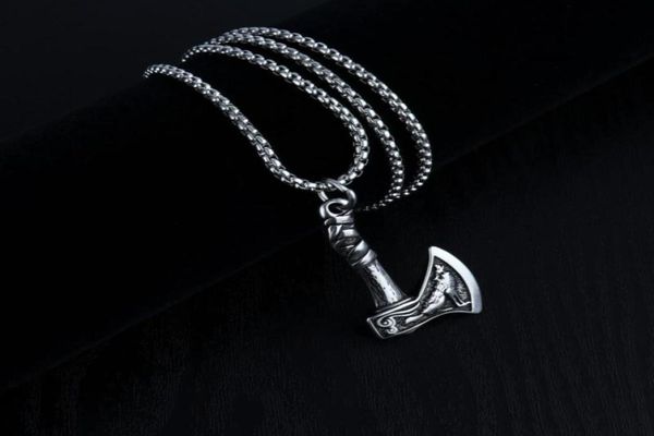 

pendant necklaces explosive vintage viking item jewelry chain celtic wolf crow doublesided axe necklace men039s punk accessori9372846, Silver