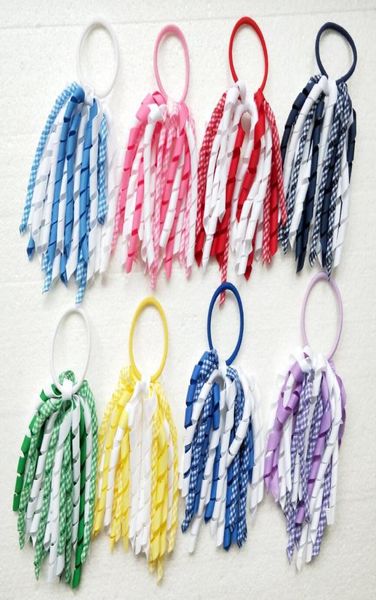 

curly tassel gingham ribbon korker ponytail holders streamer 5 inch corker plaid hair bows ties bobbles elastic accessories headwe4496955, Slivery;white