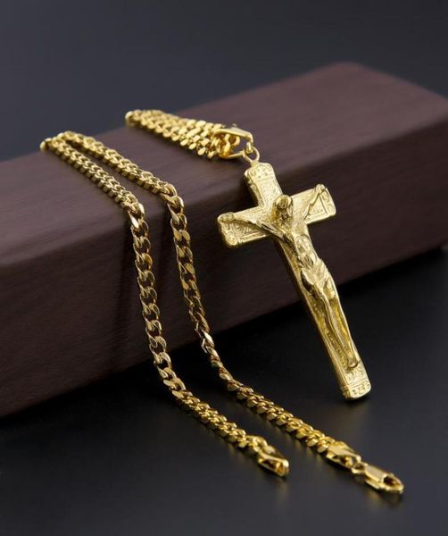 

crucifix cross necklace stainless steel pendant copper chain steel cross jesus necklace cuban chain catholicism necklace9484997, Silver