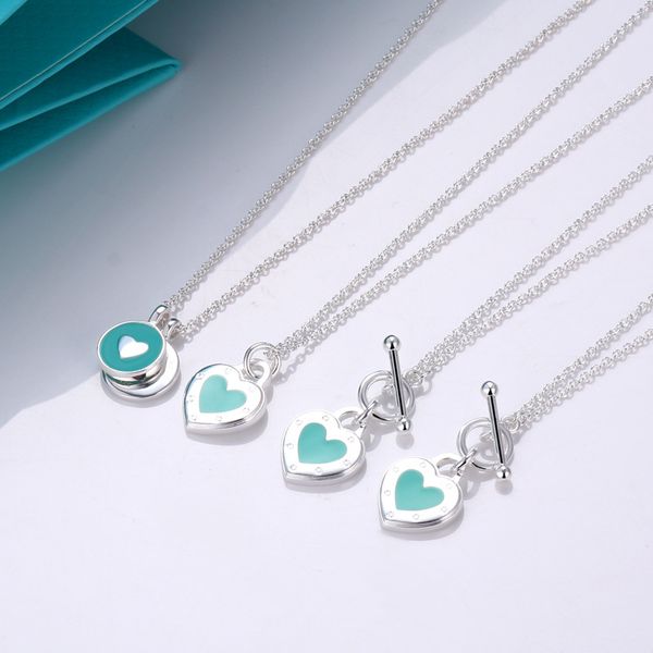 

enamel blue heart necklace women's t family double round cake heart shaped ot buckle pendant collar chain designer jewelry heart bracel, Silver
