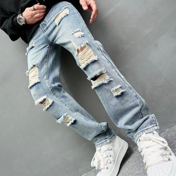 

men's jeans simple men loose ripped straight pants male streetwear stylish casual denim trousers 230711, Blue