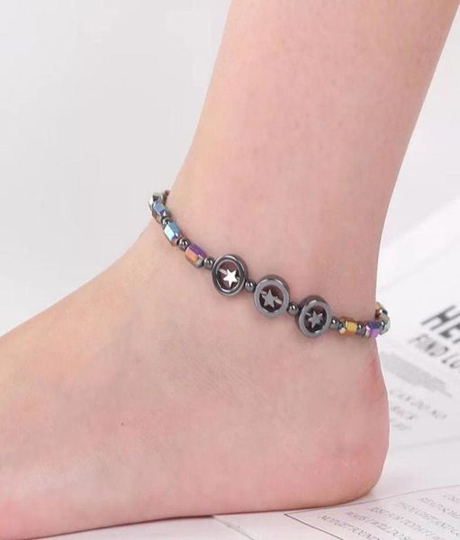

black gallstone magnetic therapy anklet beads foot chain healthy weight loss ankle bracelet for leg health jewelry6169704, Red;blue