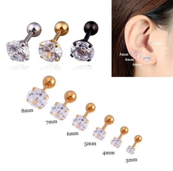 

3mm8mm silver gold black titanium steel barbell cubic zircon cartilage helix tragus lip stud earring body piercings jewelry whole7647721, Golden;silver