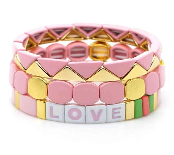 

shinus love letter bracelet for women enamel tile bracelets on hand gift boho bangle 2020 stretch pulseras jewelry whole lj2009864334, Golden;silver